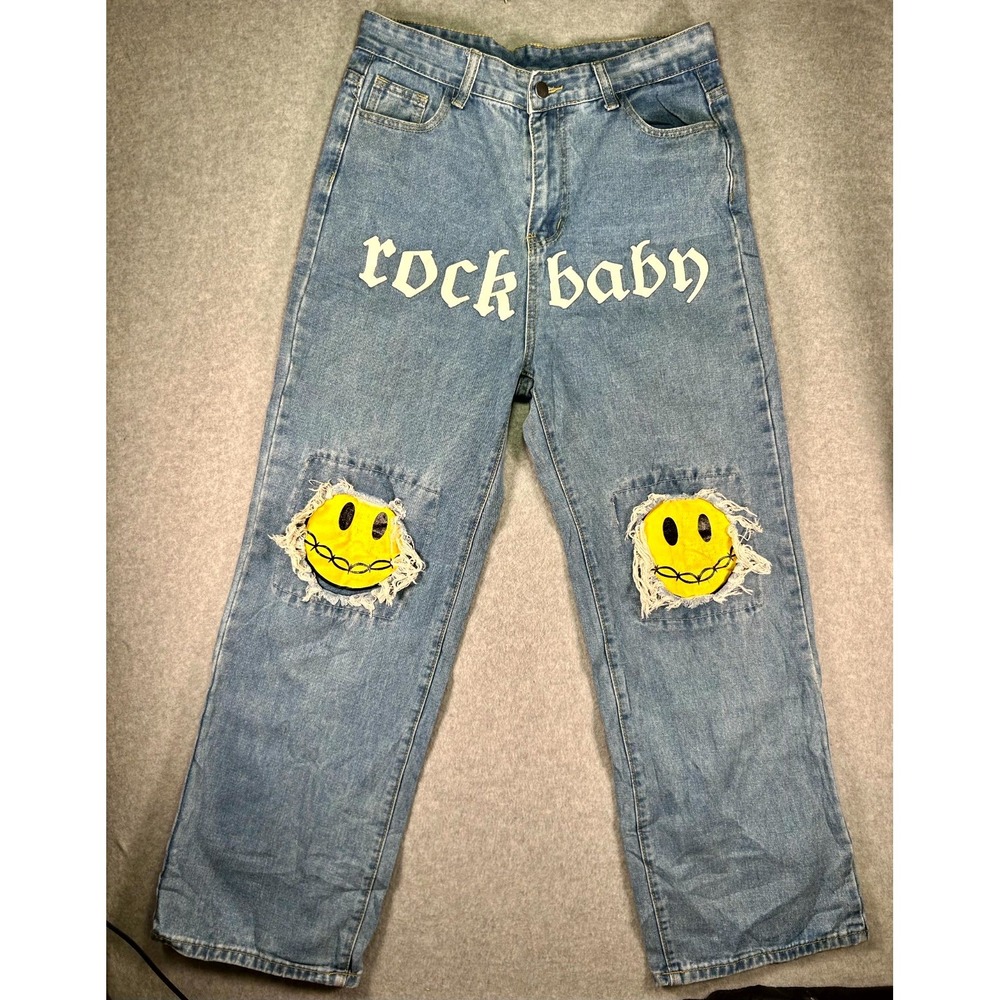 Shein Rock Baby Jeans Womens Large Blue Denim Cotton Distressed Smiley Face